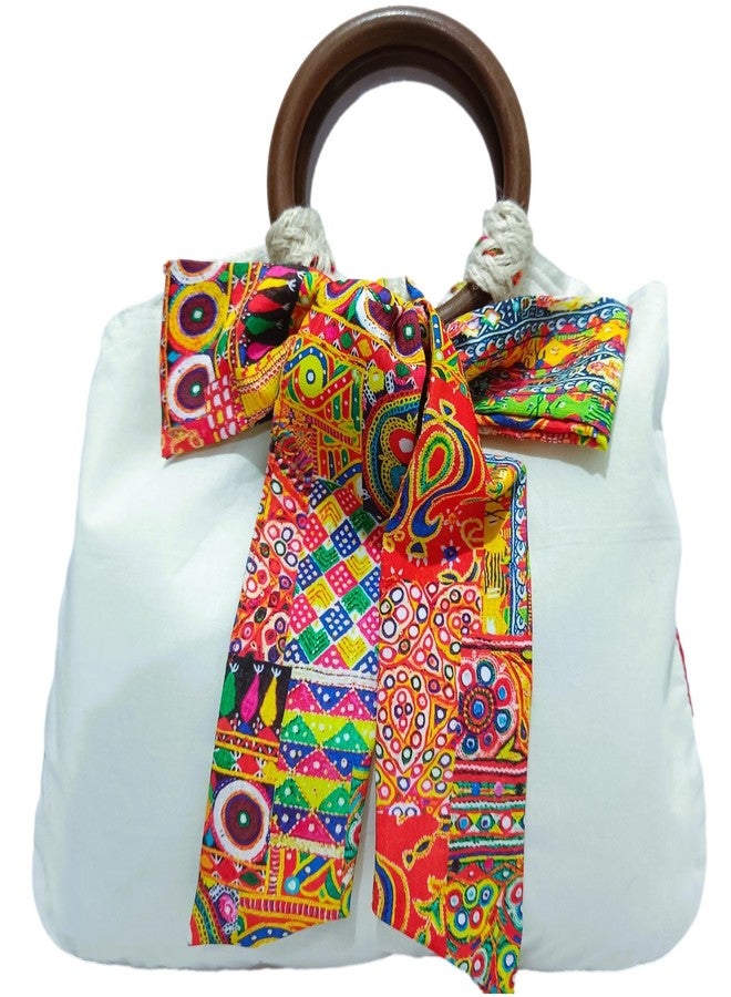 ATHZ Formal Fashion Statement Bags Wooden Handle with Bow Tie Bags for Women Handbag (Off-White, Multi-Color) - Image 1