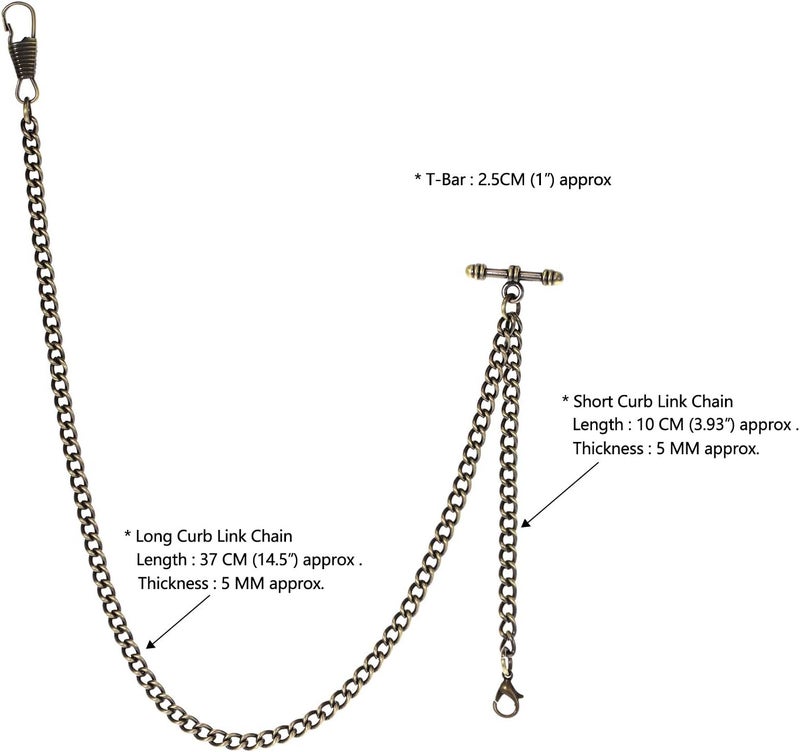 TREEWETO Pocket Watch Albert Chain T-Bar Watch Chain Link 16 inch 2 Hooks Bronze/Silver/Gold/Black Classic Antique Fob T Bar - Image 2