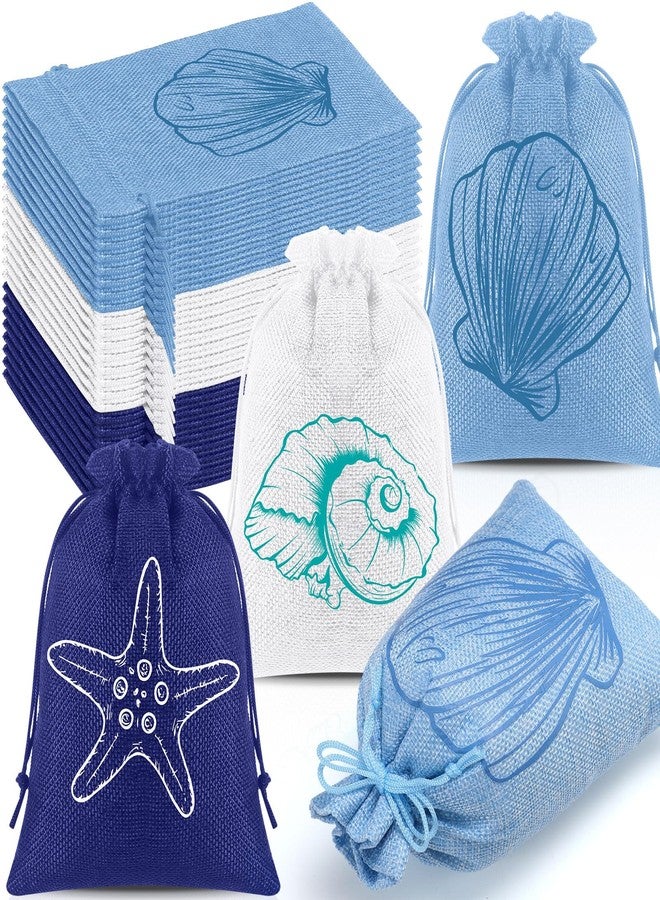 Abbylike 24 Pcs Blue Beach Seashell Burlap Gift Bags Bulk 5 x 7 Inch Starfish Conch Scallop Party Favors Coastal Reusable Drawstring Goodie Bags for Ocean Under The Sea Wedding Party Decor Supplies - Image 1