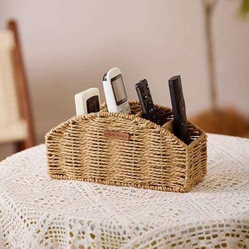 Mokof Handwoven Remote Control Holder Basket, Boho Desk Organizer with 5-Compartment Storage TV Remotes, Office Supplies for Living Room, Bedroom, Office - Image 2