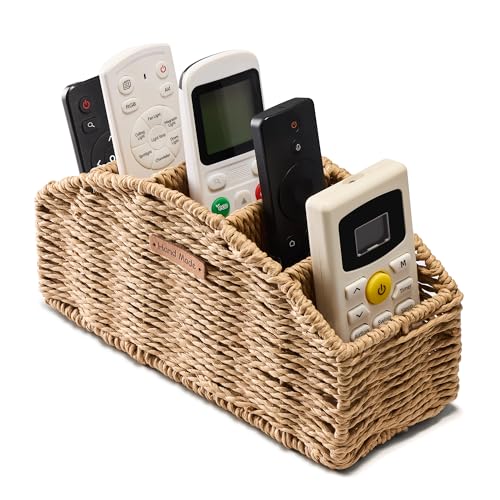 Mokof Handwoven Remote Control Holder Basket, Boho Desk Organizer with 5-Compartment Storage TV Remotes, Office Supplies for Living Room, Bedroom, Office - Image 1