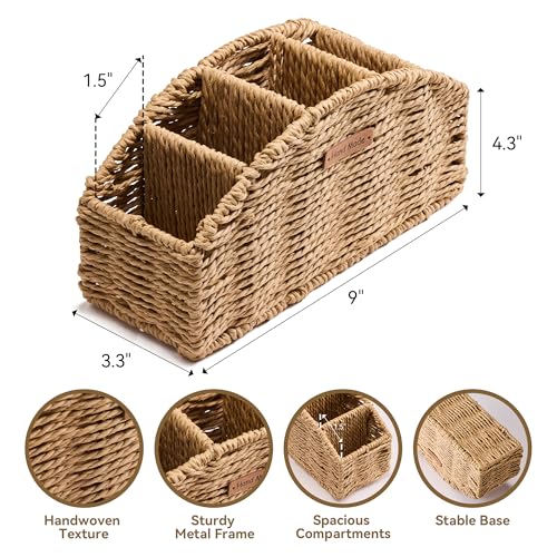 Mokof Handwoven Remote Control Holder Basket, Boho Desk Organizer with 5-Compartment Storage TV Remotes, Office Supplies for Living Room, Bedroom, Office - Image 4