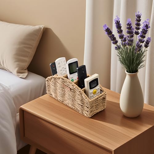 Mokof Handwoven Remote Control Holder Basket, Boho Desk Organizer with 5-Compartment Storage TV Remotes, Office Supplies for Living Room, Bedroom, Office - Image 3