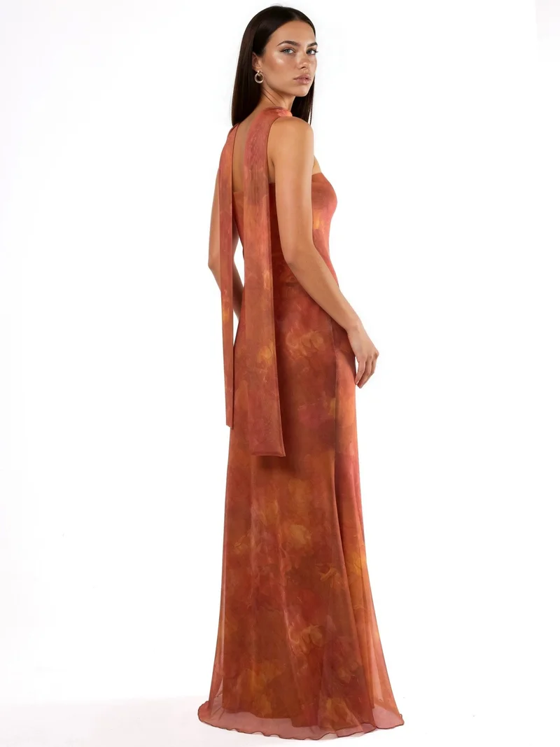 Hiccup Bright Orange Strapless Flowering Bodycon Maxi Dress for Women | Best Price UAE