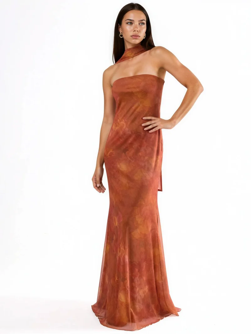 Hiccup Bright Orange Strapless Flowering Bodycon Maxi Dress for Women | Best Price UAE