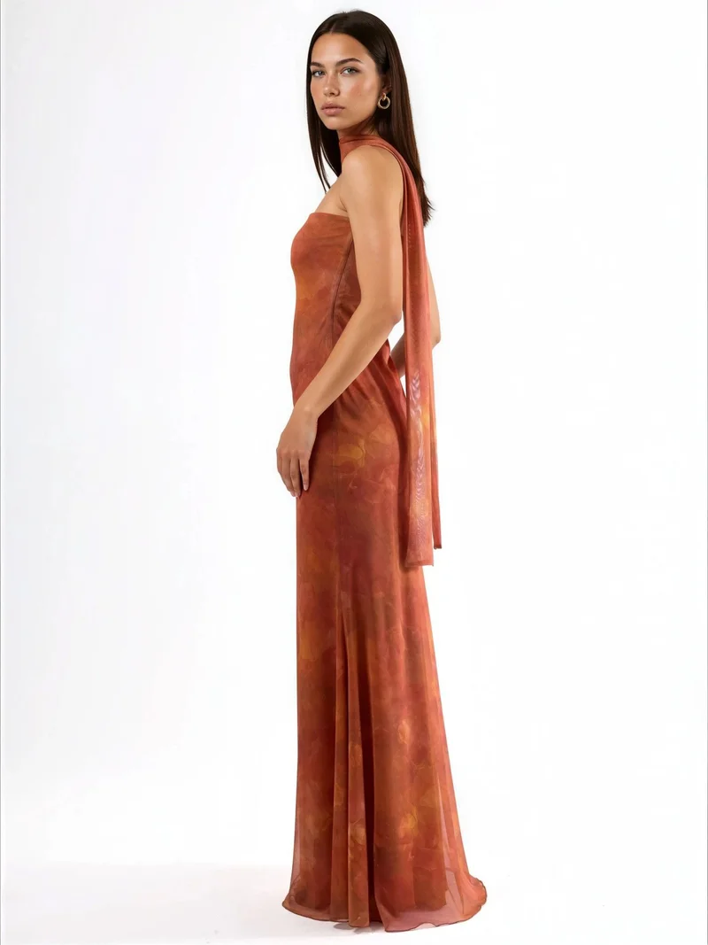 Hiccup Bright Orange Strapless Flowering Bodycon Maxi Dress for Women | Best Price UAE