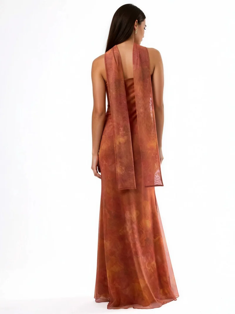 Hiccup Bright Orange Strapless Flowering Bodycon Maxi Dress for Women | Best Price UAE