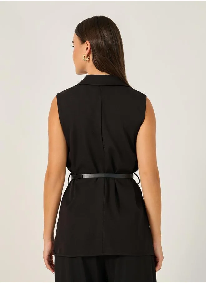 ستايلي Solid Regular Fit Longline Waistcoat with Belt