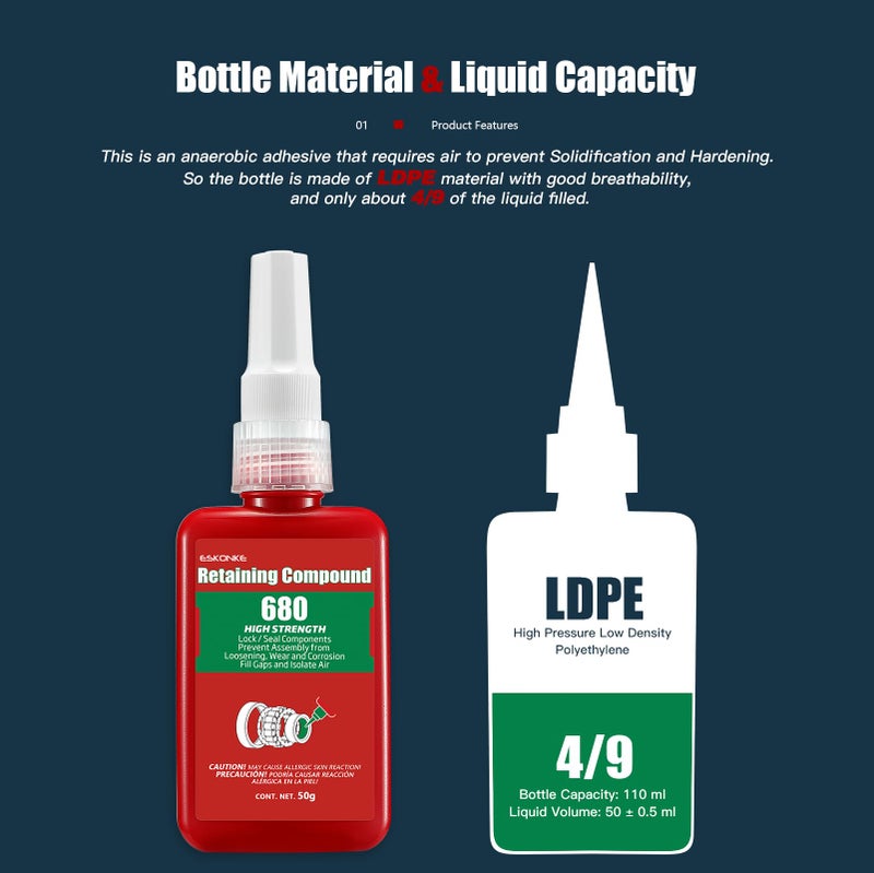 ESKONKE Retaining Compound Green 680 Sleeve Retainer High Strength Cylindrical Metal Components Assemblies Locking and Sealing Anaerobic Glue 1.69 Oz/50 ml - Image 2