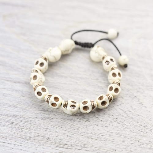 EDMIRIA Carved Stone Skull/Narmund Beads Bracelet For Good Luck, Health & Wealth - Kapala Bracelet- Indian Goddess Kali Stretchable Bracelet for Men and Women (12mm - Sliding Knot Adjustable) - Image 3