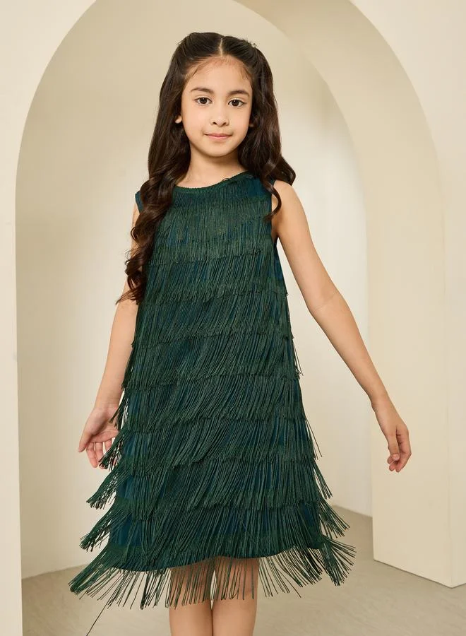 Styli Dark Green Sleeveless Fringed A-Line Dress