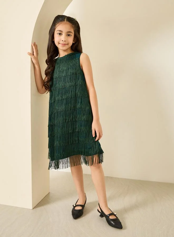 Styli Dark Green Sleeveless Fringed A-Line Dress