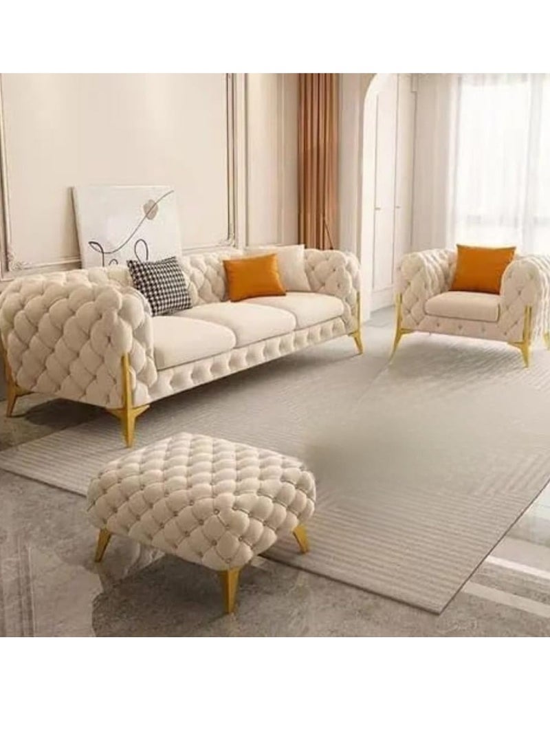 مهارة البحر - مجموعة أرائك تشسترفيلد من MAB FURNISHINGS الكلاسيكية الحديثة بـ 4 مقاعد من القماش والفليفلة المخملية المطرزة مع مسند للقدم لغرفة المعيشة والمكتب (أوف وايت) - Image 1