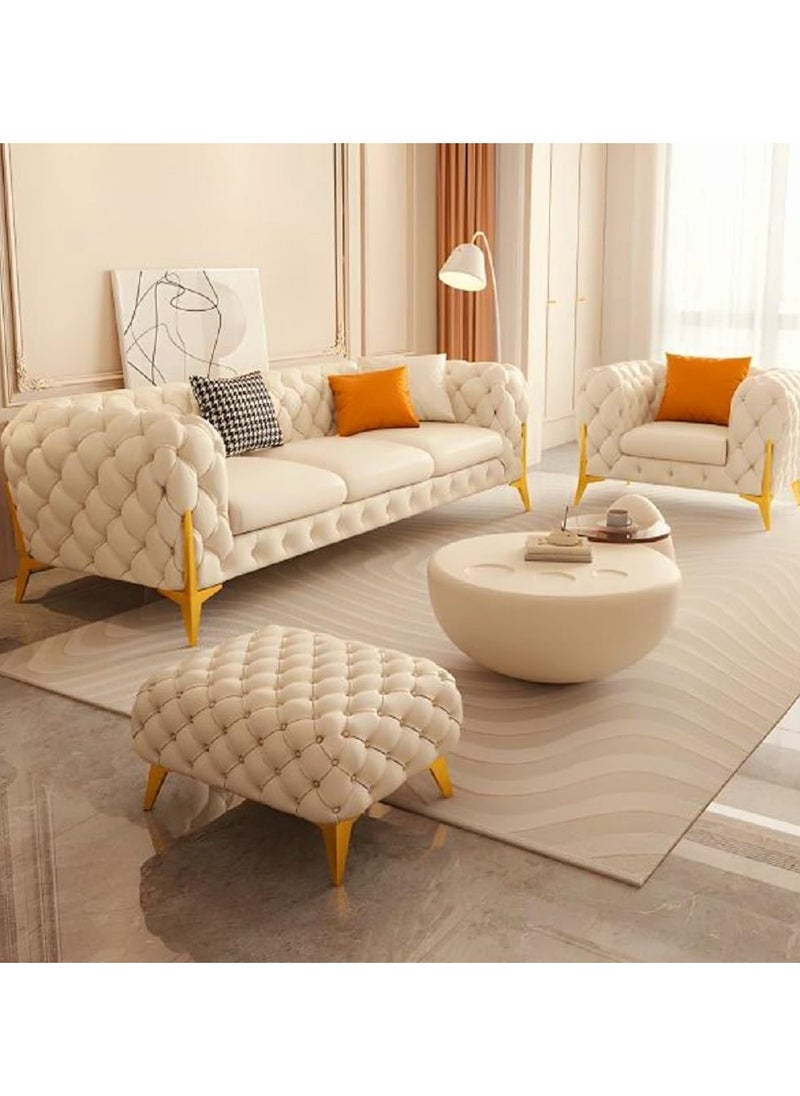 مهارة البحر - مجموعة أرائك تشسترفيلد من MAB FURNISHINGS الكلاسيكية الحديثة بـ 4 مقاعد من القماش والفليفلة المخملية المطرزة مع مسند للقدم لغرفة المعيشة والمكتب (أوف وايت) - Image 1