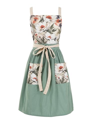 Pinknoke Vintage Pinafore Apron Dress for Women with Pockets Cute Floral Chef Aprons for Kitchen Cooking Baking Gardening (Sage Green) - Image 1