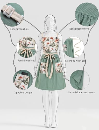 Pinknoke Vintage Pinafore Apron Dress for Women with Pockets Cute Floral Chef Aprons for Kitchen Cooking Baking Gardening (Sage Green) - Image 4