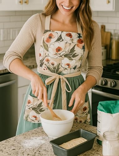 Pinknoke Vintage Pinafore Apron Dress for Women with Pockets Cute Floral Chef Aprons for Kitchen Cooking Baking Gardening (Sage Green) - Image 3