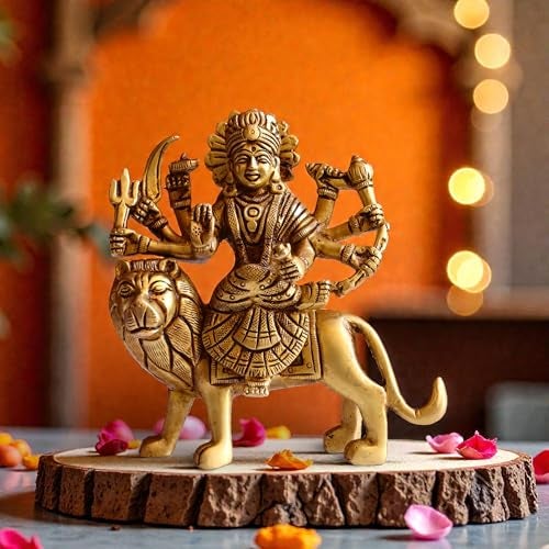 RAISOM Brass Goddess Maa Durga Murthi | 5 Inch Sherawali Devi Maa On Lion Spiritual Statue for Home Puja & Decoration | Height: 5 Inch, Weight: 810 Grams - Image 1