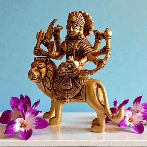 RAISOM Brass Goddess Maa Durga Murthi | 5 Inch Sherawali Devi Maa On Lion Spiritual Statue for Home Puja & Decoration | Height: 5 Inch, Weight: 810 Grams - Image 4