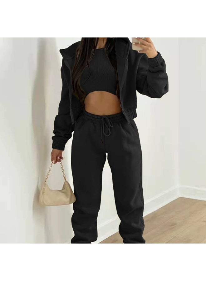 general Women's three-piece long pants with fleece hooded sweatshirt for sporty and casual winter outfit set - Image 1
