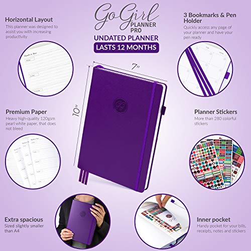 GoGirl Planner PRO - Undated Horizontal Layout Weekly Planner and Organizer + Budgeting and Expense Tracking Pages, Goals Journal & Agenda, 7" x 10" Hardcover, Lasts 1 Year - Purple - Image 2