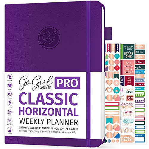 GoGirl Planner PRO - Undated Horizontal Layout Weekly Planner and Organizer + Budgeting and Expense Tracking Pages, Goals Journal & Agenda, 7" x 10" Hardcover, Lasts 1 Year - Purple - Image 1