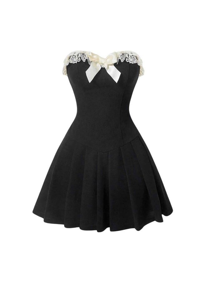 BEAUDRM Women's Y2K Strapless Mini Dress Pleated Party Rave Club Dance Dresses Cute Bow Sleeveless Going Out Date Sundress, Black, XL - Image 1
