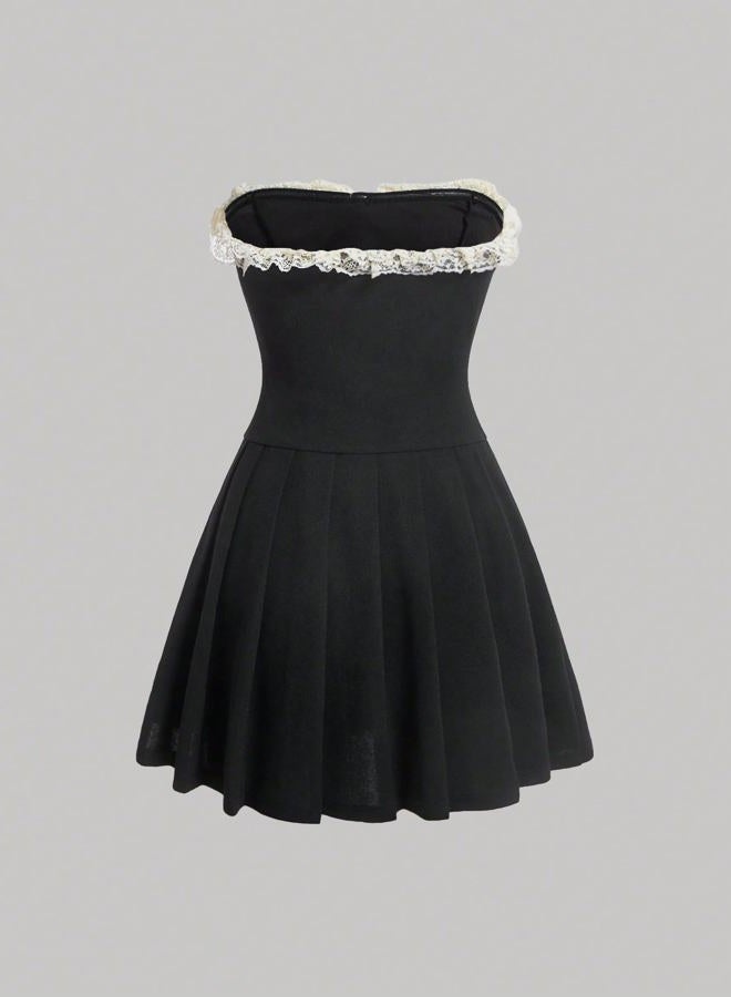 BEAUDRM Women's Y2K Strapless Mini Dress Pleated Party Rave Club Dance Dresses Cute Bow Sleeveless Going Out Date Sundress, Black, XL - Image 2
