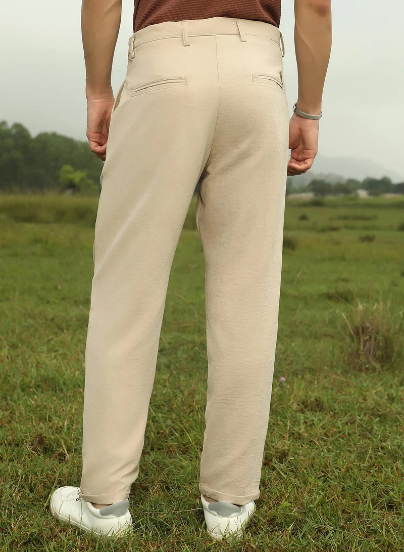 Campus Sutra Men's Khaki Beige Velvique Tailored Trousers