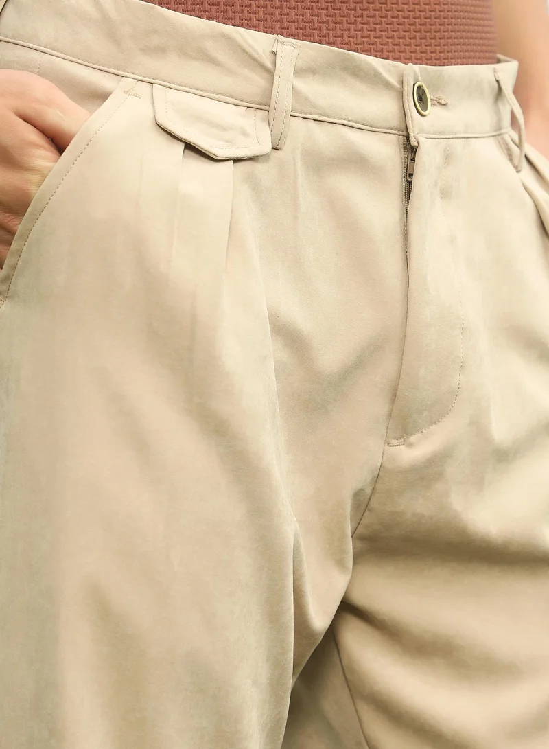 Campus Sutra Men's Khaki Beige Velvique Tailored Trousers