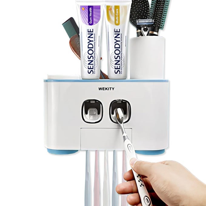 TOOTHBRUSH HOLDER WALL MOUNTED MULTIFUNCTIONAL TOOTHBRUSH AND TOOTHPASTE DISPENSER FOR BATHROOM WITH 5 TOOTHBRUSH SLOTS 2 TOOTHPASTE SQUEEZERS AND 4 CUPSBLUE