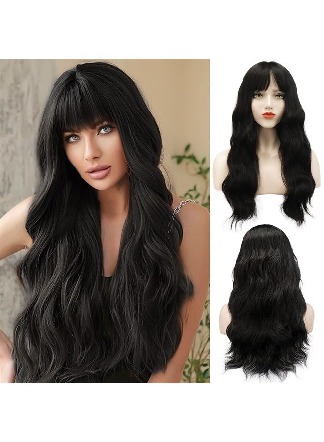 BARSDAR Long Black Wavy Wig With Bangs, Black Long Wavy Wig With Bangs For Women Synthetic Hair Replacement Wigs Heat Resistant Black Long Wig Cosplay Daily Use Party Halloween-26'', Natural Black - Image 1