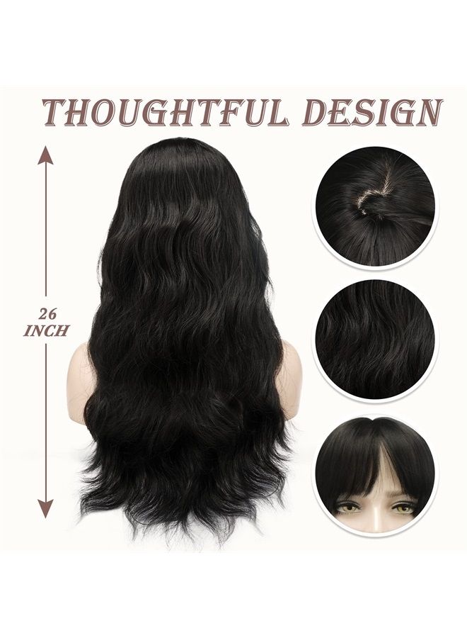BARSDAR Long Black Wavy Wig With Bangs, Black Long Wavy Wig With Bangs For Women Synthetic Hair Replacement Wigs Heat Resistant Black Long Wig Cosplay Daily Use Party Halloween-26'', Natural Black - Image 3