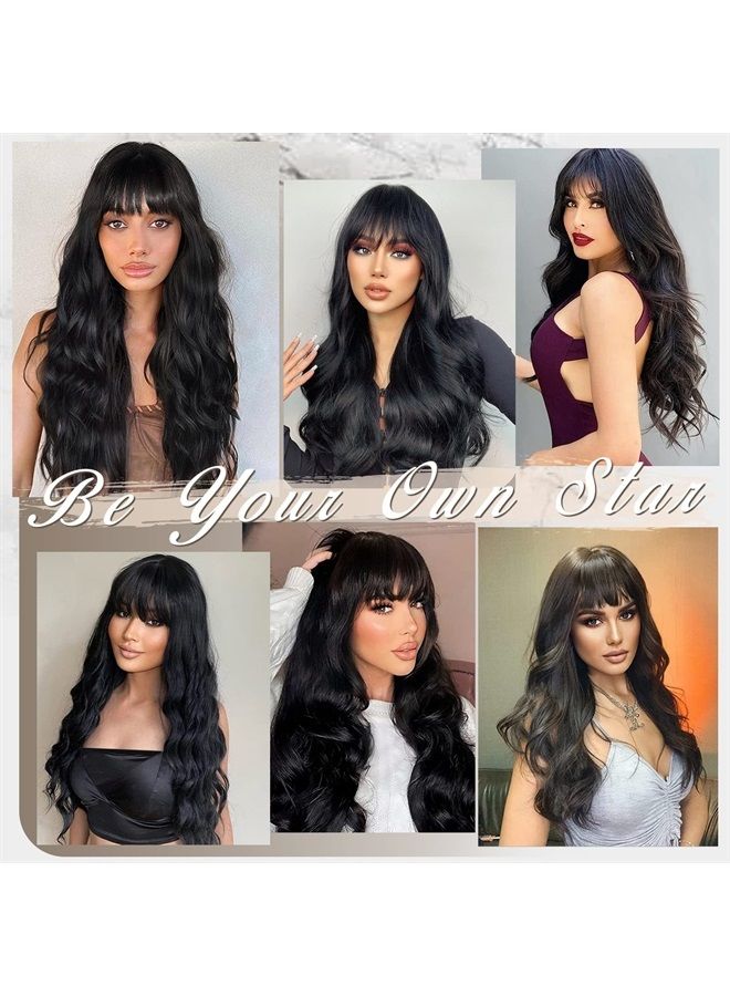 BARSDAR Long Black Wavy Wig With Bangs, Black Long Wavy Wig With Bangs For Women Synthetic Hair Replacement Wigs Heat Resistant Black Long Wig Cosplay Daily Use Party Halloween-26'', Natural Black - Image 5