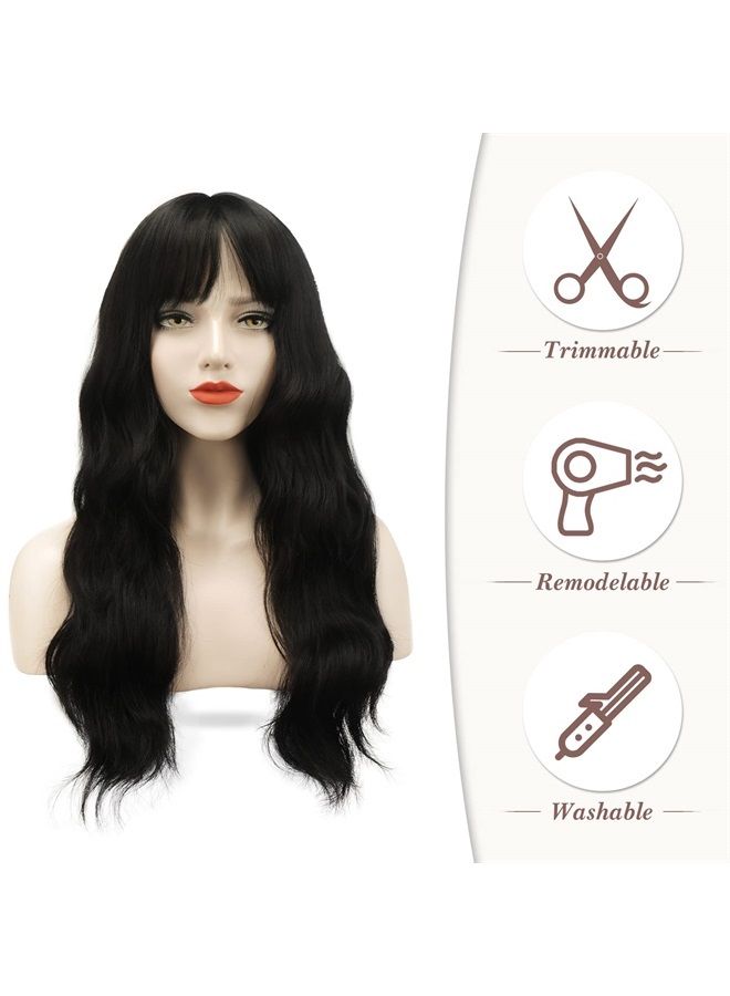 BARSDAR Long Black Wavy Wig With Bangs, Black Long Wavy Wig With Bangs For Women Synthetic Hair Replacement Wigs Heat Resistant Black Long Wig Cosplay Daily Use Party Halloween-26'', Natural Black - Image 2