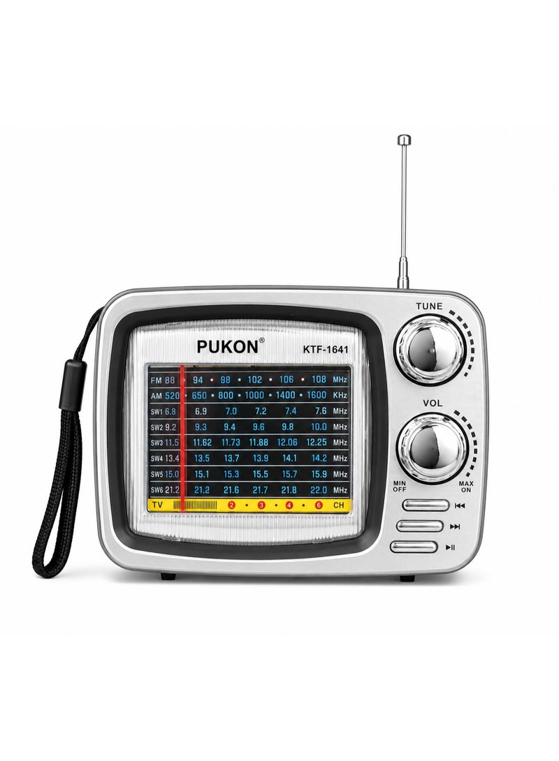 PUKON KTF-1641 Portable 2.25-Inch Full Band Radio, 8 Band FM/AM/SW1-6 Receiver with USB, TF Card MP3 Player, Rechargeable Vintage TV Style Radio with Telescopic Antenna – Grey - Image 1