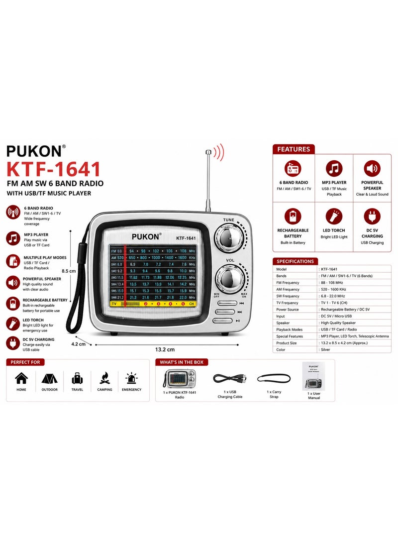 PUKON KTF-1641 Portable 2.25-Inch Full Band Radio, 8 Band FM/AM/SW1-6 Receiver with USB, TF Card MP3 Player, Rechargeable Vintage TV Style Radio with Telescopic Antenna – Grey - Image 2