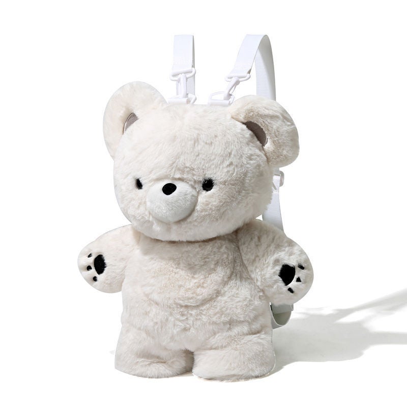Cute Bear Plush Backpack, White, Casual Style - Image 4