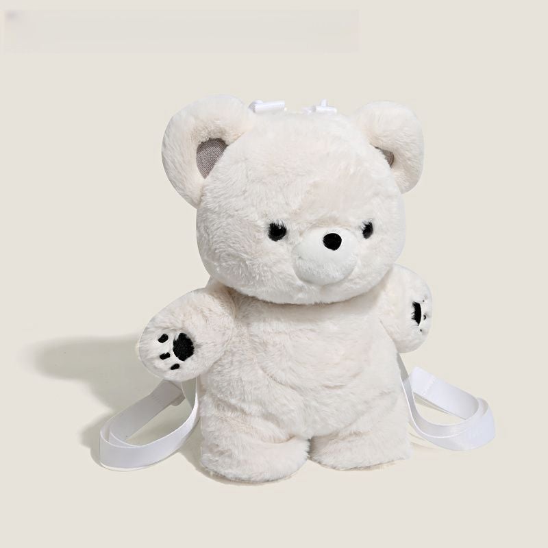 Cute Bear Plush Backpack, White, Casual Style - Image 3