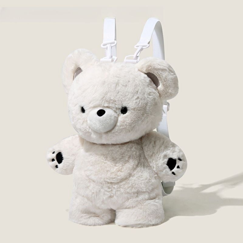 Cute Bear Plush Backpack, White, Casual Style - Image 1