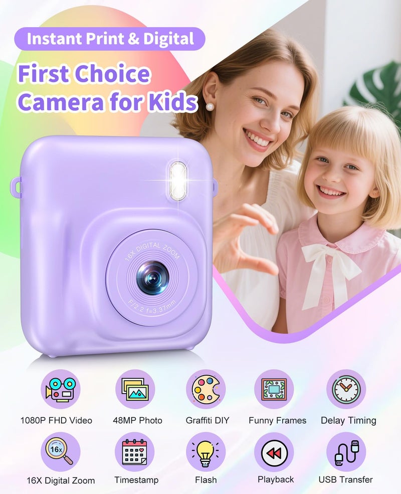 Sevenat Digital Camera for Kids Instant Print, 48MP Dual-Lens Kids Camera for Girls Boys Christmas Birthday Gifts, 1080P Video Selfie Instant Cameras, Portable Toddler for 4-12 Years with 32GB Card-Purple - Image 2