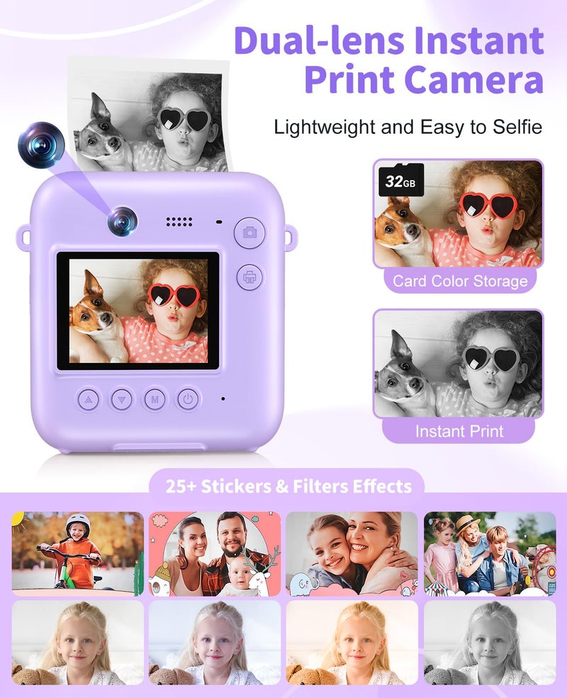 Sevenat Digital Camera for Kids Instant Print, 48MP Dual-Lens Kids Camera for Girls Boys Christmas Birthday Gifts, 1080P Video Selfie Instant Cameras, Portable Toddler for 4-12 Years with 32GB Card-Purple - Image 3