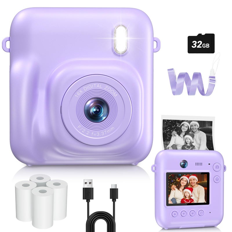 Sevenat Digital Camera for Kids Instant Print, 48MP Dual-Lens Kids Camera for Girls Boys Christmas Birthday Gifts, 1080P Video Selfie Instant Cameras, Portable Toddler for 4-12 Years with 32GB Card-Purple - Image 1