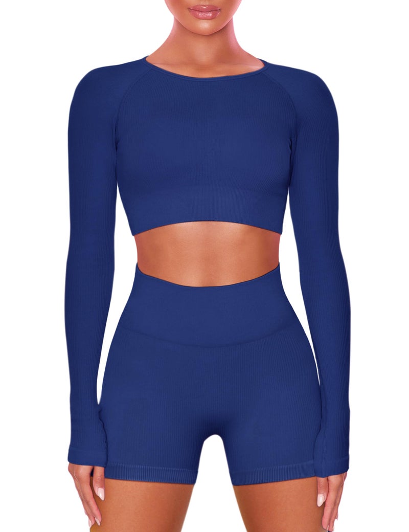 Buttergene Women Workout Sets 2 Pieces Long Sleeve Yoga Outfits Gym Clothes Seamless Ribbed Crop Top High Waist Leggings - Image 1
