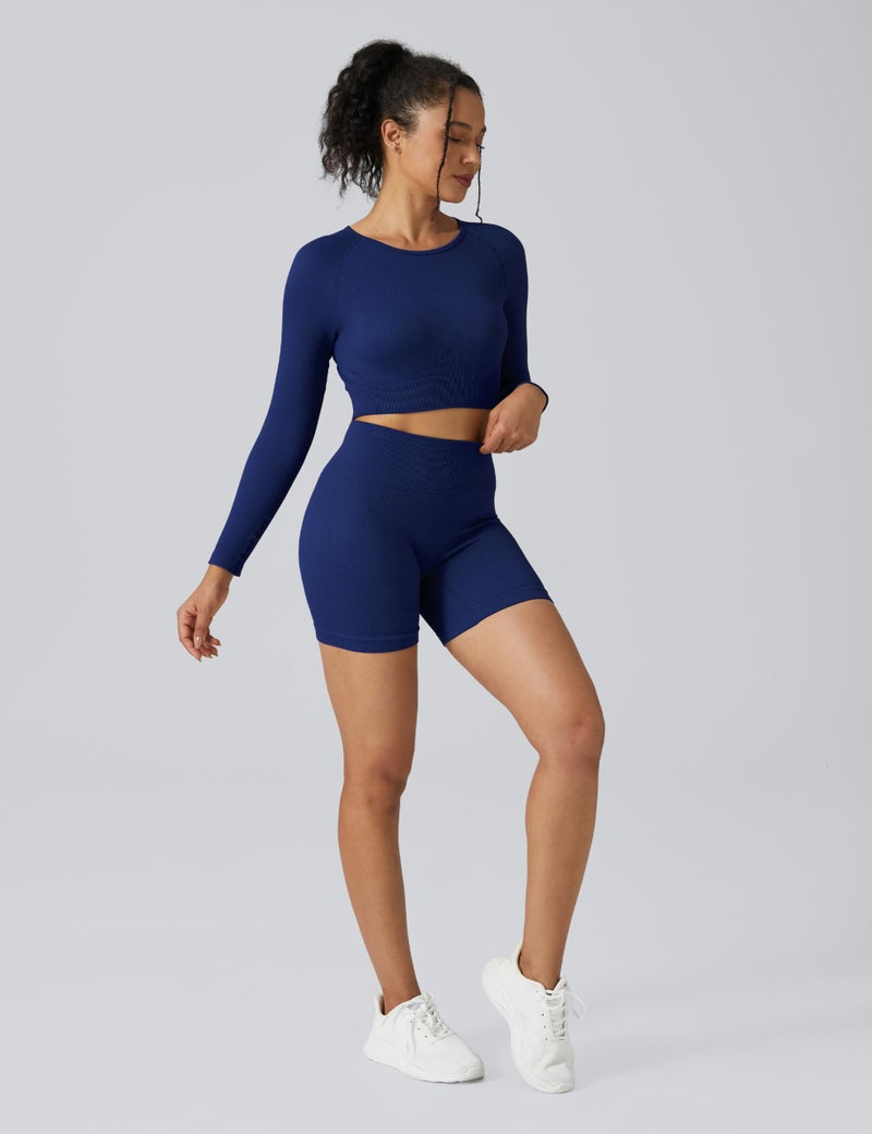 Buttergene Women Workout Sets 2 Pieces Long Sleeve Yoga Outfits Gym Clothes Seamless Ribbed Crop Top High Waist Leggings - Image 2
