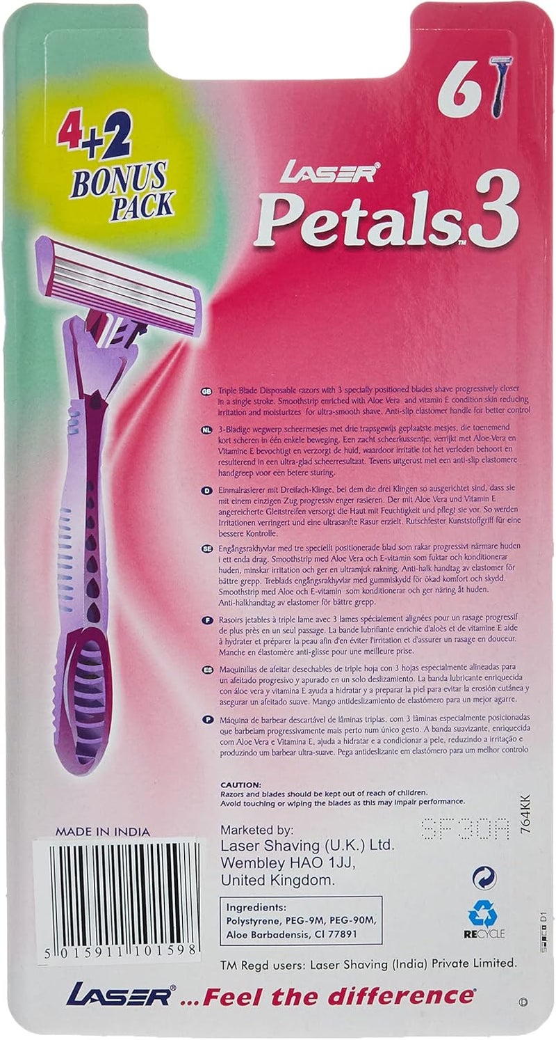 Laser Petals 3 Three Blade Disposable Shaving Razor for Women - Aloe & Vitamin E Enriched - 6 Count - Image 2