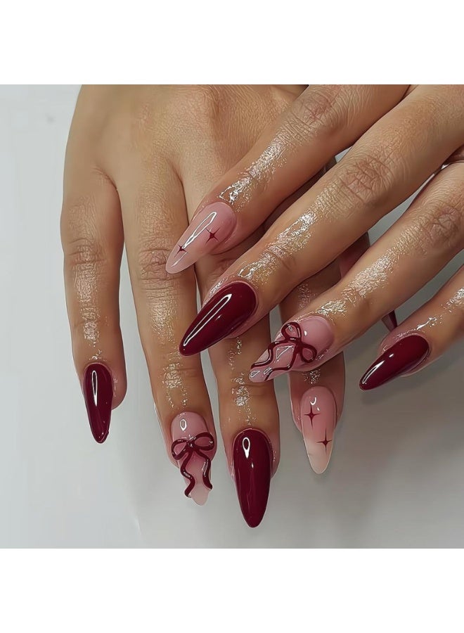 LANGMANNI 24Pcs Burgundy Red Bow Press On Nails, Long Stiletto Fake Nails with Star, Detachable Reusable Wearable False Nails for Women - Image 1