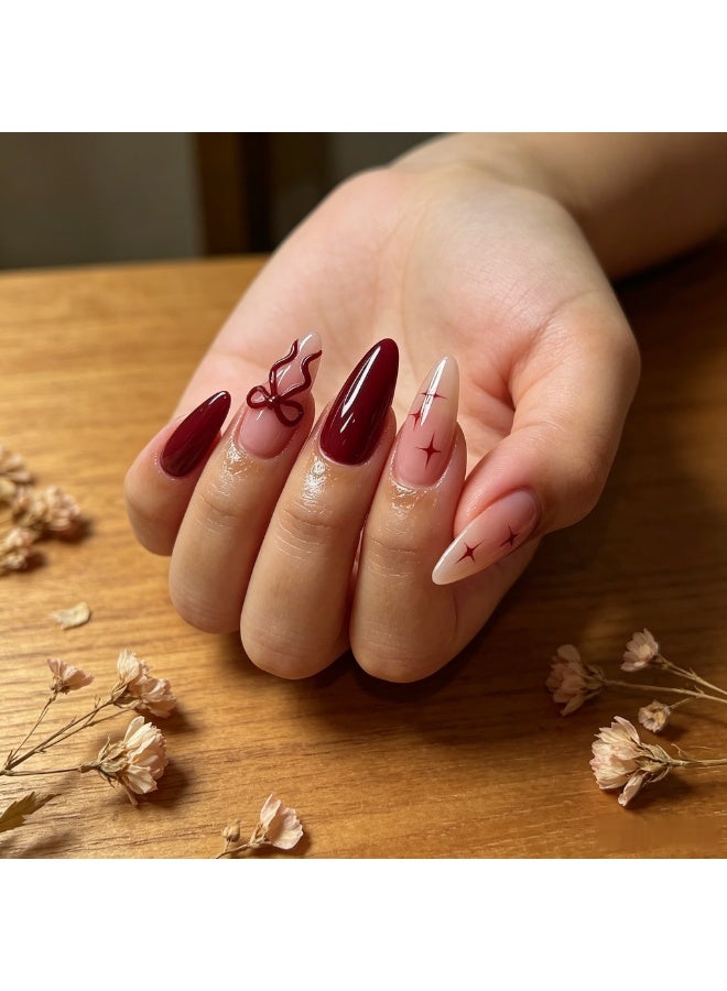 LANGMANNI 24Pcs Burgundy Red Bow Press On Nails, Long Stiletto Fake Nails with Star, Detachable Reusable Wearable False Nails for Women - Image 4