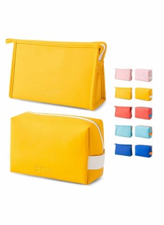 KASTWAVE 2 Pcs Portable Storage Washable Cosmetic Bag Small Travel Toiletries for Women Girls PU Leather Zipper Pouch Accessories Organizer Pencil Case (Yellow)  - Image 1