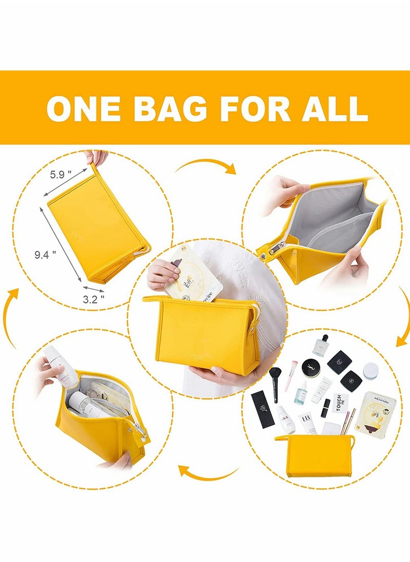 KASTWAVE 2 Pcs Portable Storage Washable Cosmetic Bag Small Travel Toiletries for Women Girls PU Leather Zipper Pouch Accessories Organizer Pencil Case (Yellow)  - Image 2